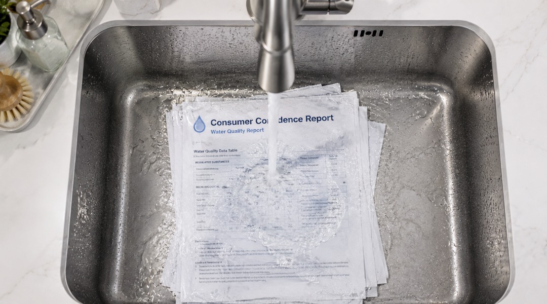Water flowing from a kitchen faucet onto a stack of Consumer Confidence Reports in a stainless steel sink, highlighting drinking water quality information and testing results.