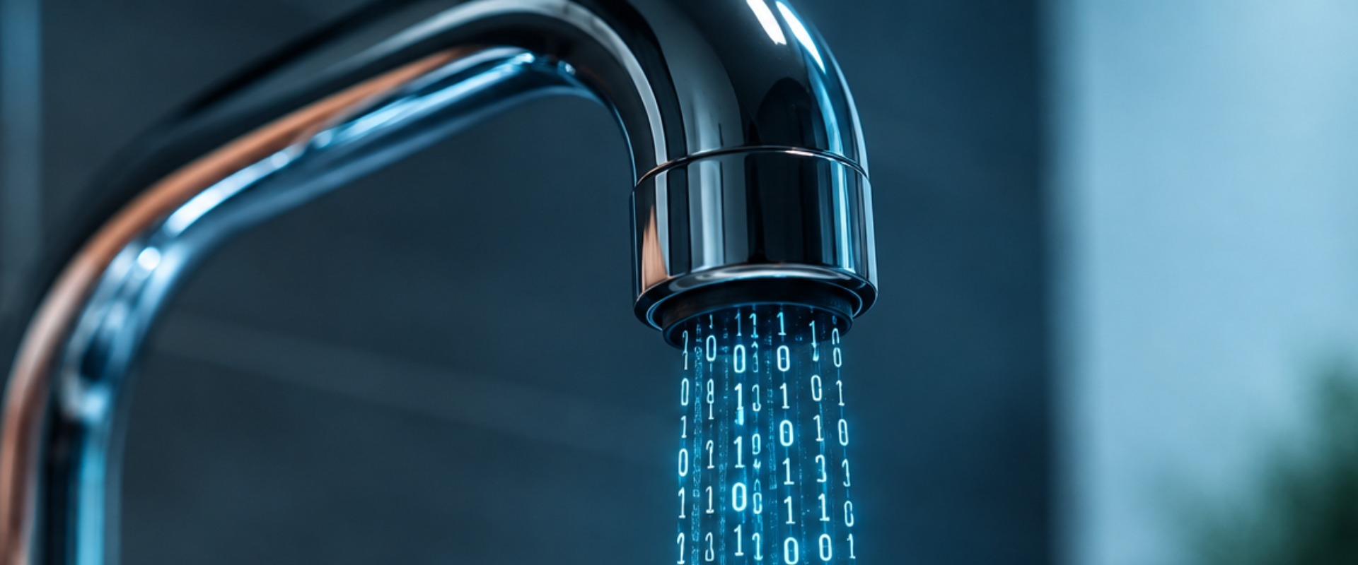 Cyberattacks on water systems illustrated by a faucet flowing with digital binary code instead of water.