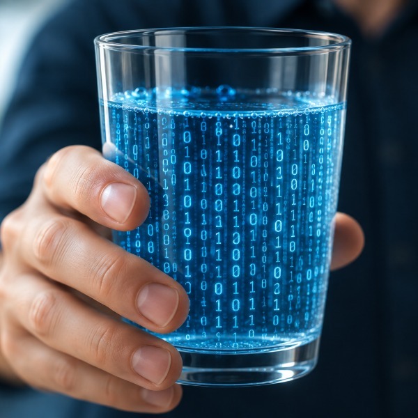 Glass of drinking water filled with glowing binary code representing digital threats to water quality and security.