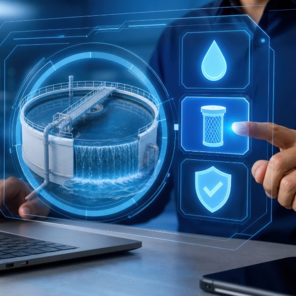 Digital interface connecting a water treatment facility with filtration and cybersecurity protection.