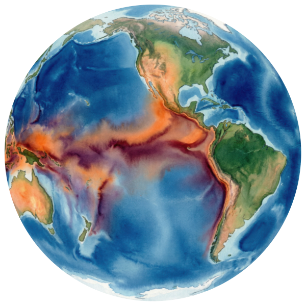 Globe illustration showing El Ni&ntilde;o's warmer ocean temperatures spreading across the equatorial Pacific Ocean toward the western coast of South America.
