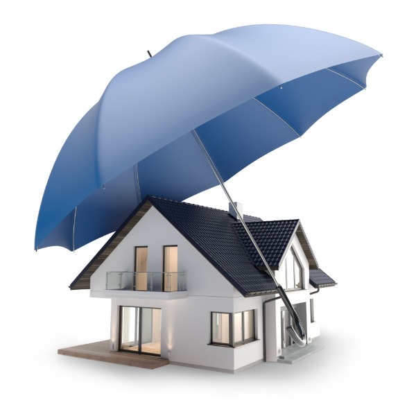 Illustration of a house protected by a large blue umbrella, symbolizing homeowners insurance and financial protection against storm damage and natural disasters.