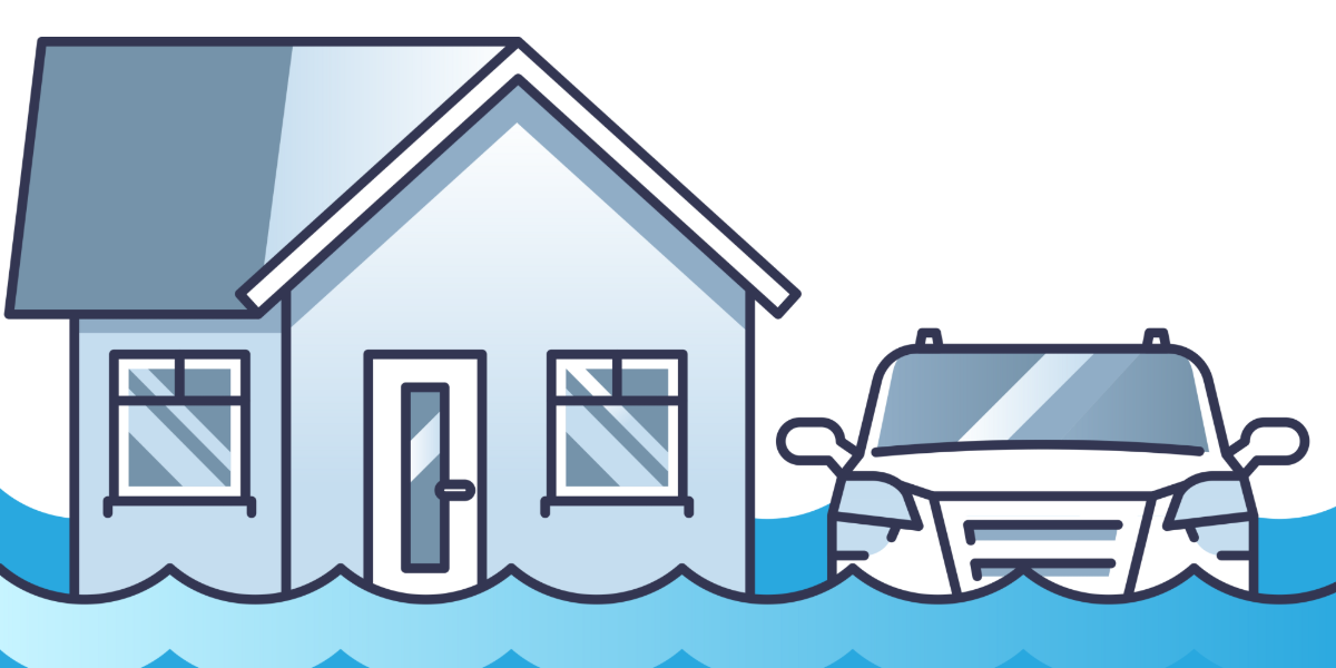 Illustration of a house and car partially submerged in floodwater, representing property damage and flood risks associated with El Ni&ntilde;o storms.