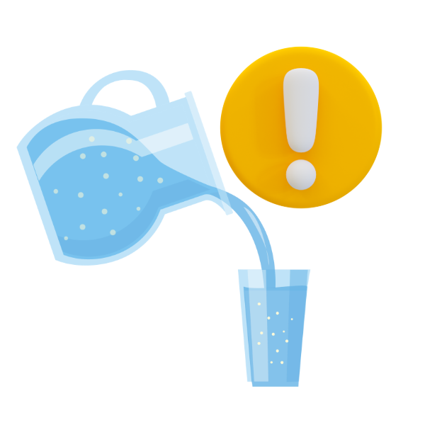 Illustration of water being poured into a drinking glass beside a warning symbol, representing drinking water advisories and potential contamination after El Ni&ntilde;o storms.