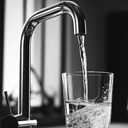 Water flowing from a kitchen faucet into a clear drinking glass.
