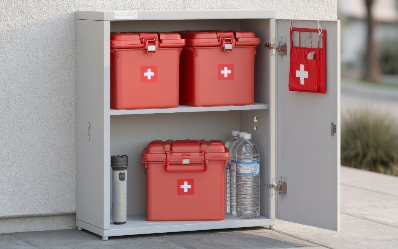 Emergency preparedness cabinet stocked with first-aid kits, bottled water and emergency supplies.