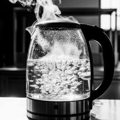 Water boiling in a glass electric kettle as steam rises from the top.