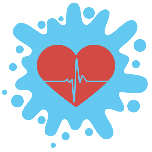Illustration of a red heart with a blue heartbeat line, surrounded by a blue water splash, symbolizing the connection between hydration and heart health.