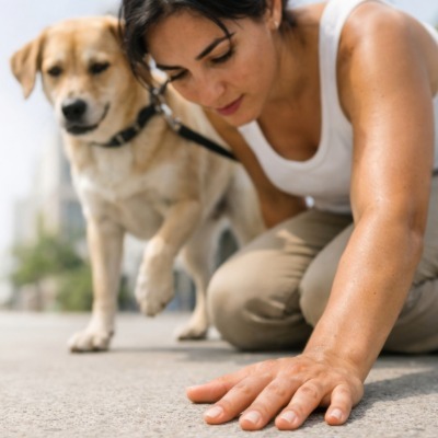 Person placing a hand on pavement while a dog waits nearby to check whether the surface is safe for walking on a hot day.