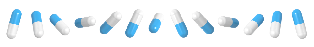 Blue and white prescription capsules arranged in a horizontal row on a transparent background.