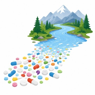 Illustration of a river flowing through a mountain landscape that gradually transforms into pharmaceutical pills, representing aquatic contamination.