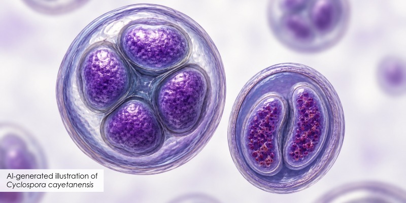 AI-generated illustration of Cyclospora cayetanensis showing the parasite's oocyst and internal structures.