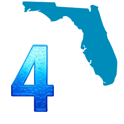 Number four filled with water droplets beside a silhouette of Florida, representing Florida&rsquo;s fourth-place tap water compliance ranking.