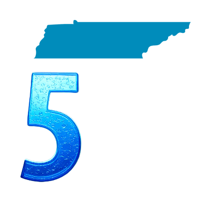 Number five filled with water droplets beside a silhouette of Tennessee, representing Tennessee&rsquo;s fifth-place tap water compliance ranking.