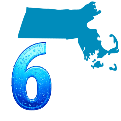 Number six filled with water droplets beside a silhouette of Massachusetts, representing Massachusetts&rsquo; sixth-place tap water compliance ranking.