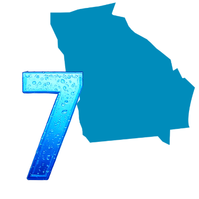 Number seven filled with water droplets beside a silhouette of Georgia, representing Georgia&rsquo;s seventh-place tap water compliance ranking.