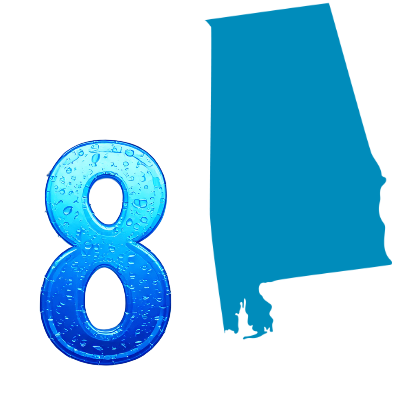 Number eight filled with water droplets beside a silhouette of Alabama, representing Alabama&rsquo;s eighth-place tap water compliance ranking.