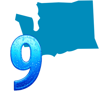 Number nine filled with water droplets beside a silhouette of Washington, representing Washington&rsquo;s ninth-place tap water compliance ranking.