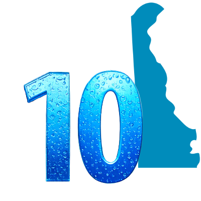 Number ten filled with water droplets beside a silhouette of Delaware, representing Delaware&rsquo;s tenth-place tap water compliance ranking.