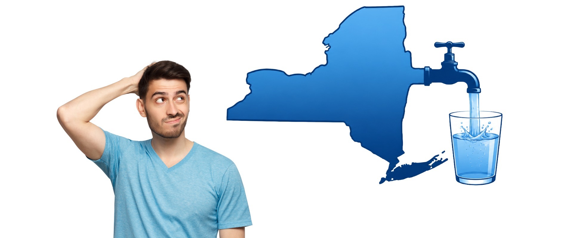 Confused man looking at a New York State graphic with a faucet filling a glass, representing questions about New York tap water.