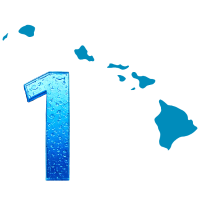 Number one filled with water droplets beside a silhouette of Hawaii, representing Hawaii&rsquo;s top ranking for tap water compliance.