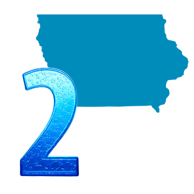 Number two filled with water droplets beside a silhouette of Iowa, representing Iowa&rsquo;s second-place tap water compliance ranking.