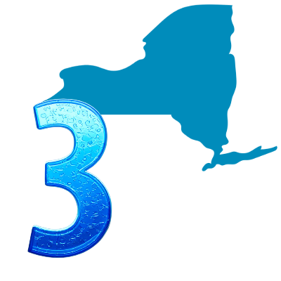 Number three filled with water droplets beside a silhouette of New York, representing New York&rsquo;s third-place tap water compliance ranking.